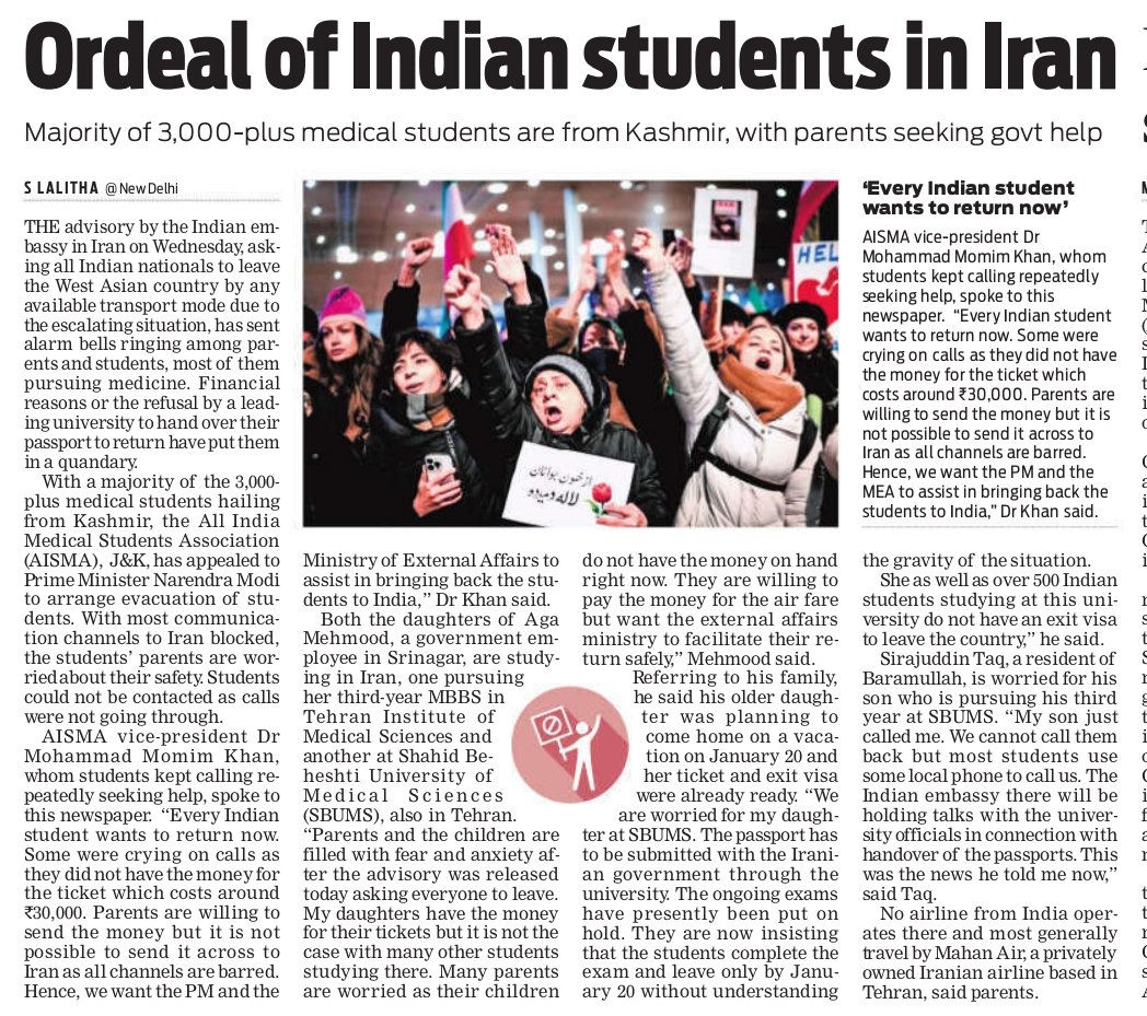 Lolita_TNIE's tweet image. Some Indian students in #Iran do not have money to buk tickets to India aft @MEAIndia advisory. Parents unable to send due to comm blockade.  Uni not ready to hand over their passports to gov for exit visa. All India Med Stud Assn, J&amp;amp;K, urges @PMOIndia to evacuate them @xpresstn