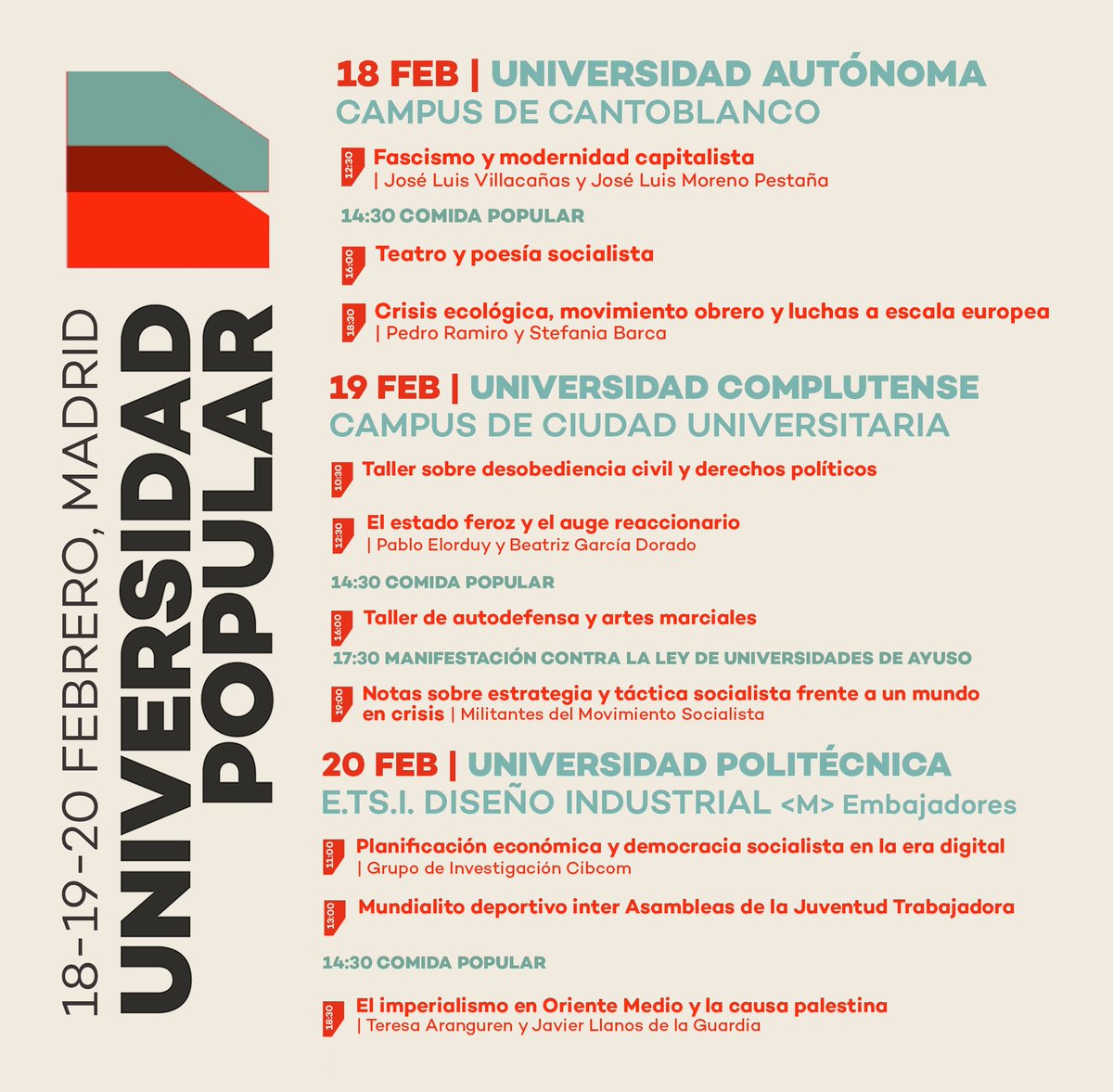 Uni_Popular_'s tweet image. 🗓️ PROGRAMACIÓN COMPLETA 

Imperialismo, auge reaccionario, crisis ecológica, estrategia socialista... 

Tres días de formación política, deporte, cultura y organización para hacer frente a un mundo en crisis.

18-19-20 de febrero en Madrid 🚩
