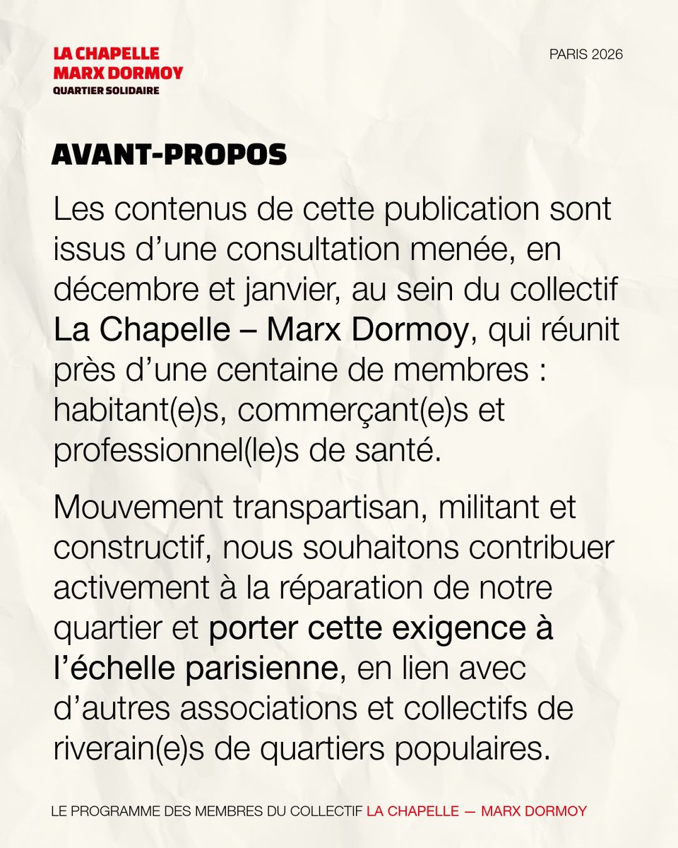 LaChapelleMarxD's tweet photo. Ces 2 derniers mois, nous avons mis des mots sur la situation de notre quartier et sur ce que nous attendons de la future municipalité.

Aujourd’hui, ces réflexions deviennent un programme, partagé ici en 3 temps et transmis en intégralité à tou(te)s les candidat(e)s à #Paris2026 https://t.co/euZaJHdUSt