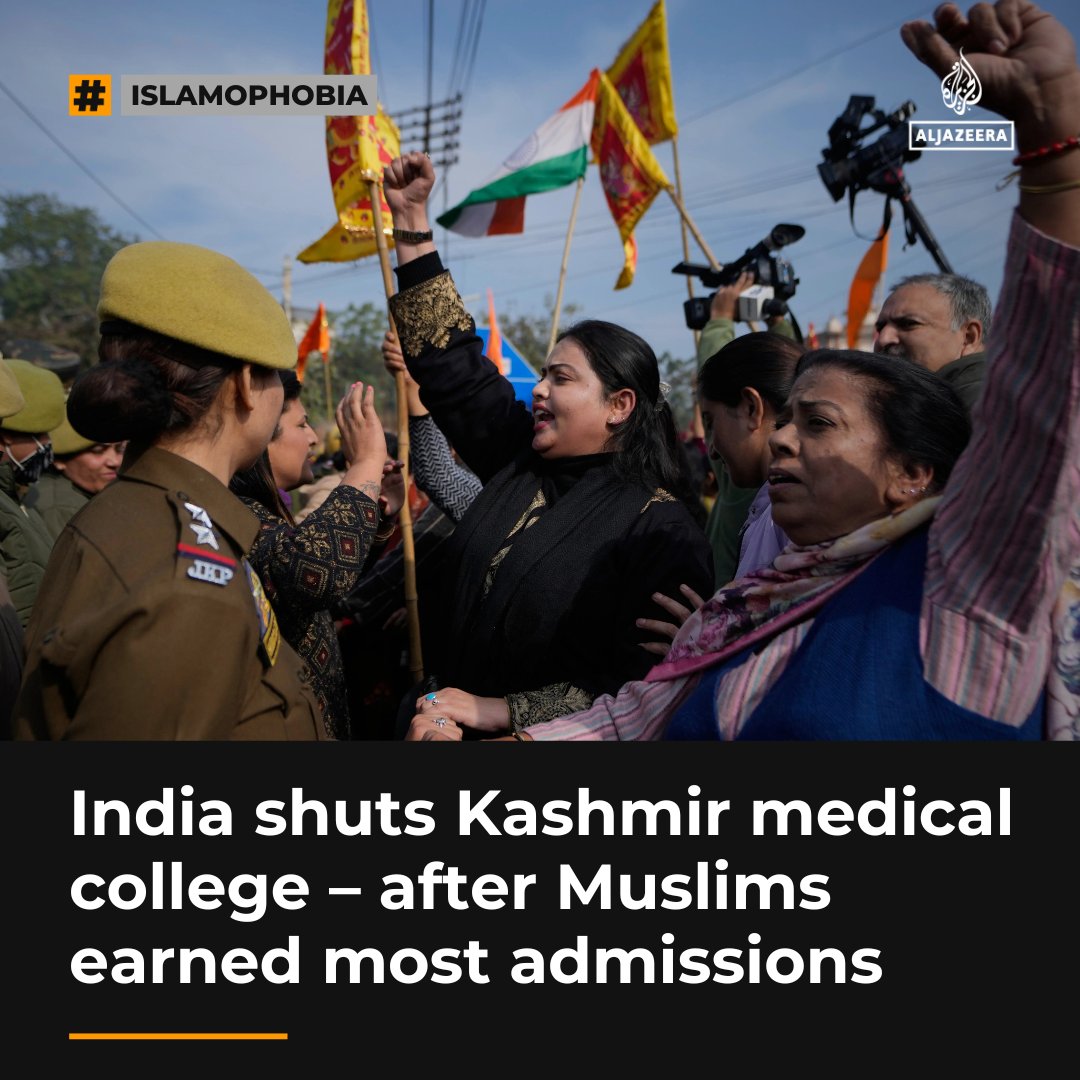 AJEnglish's tweet image. India shut a medical college in Indian-administered Kashmir after protests over the high number of Muslim students admitted. 

Hindu groups claimed Muslims should not benefit from institutions funded by Hindu charity aje.news/rrnpfe