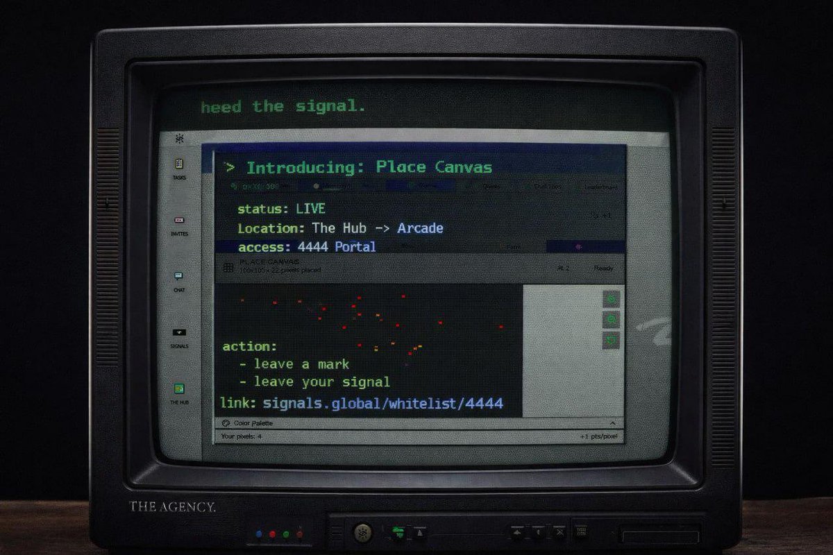 enterSIGNALS's tweet image. heed the signal.

&amp;gt; Introducing: Place Canvas
  a 100x100 collaborative digital pixel canvas

status: LIVE
location: The Hub -&amp;gt; Arcade
access: 4444 Portal

action:
  - leave a mark
  - leave your signal

link: signals.global/whitelist/4444