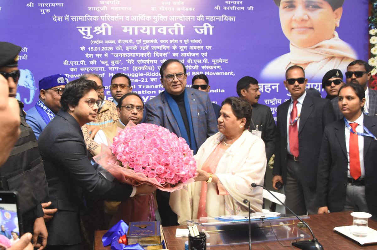 15-01-2026-Behen Ku. Mayawati Ji during a crowded press conference here in Lucknow on her 70th birthday