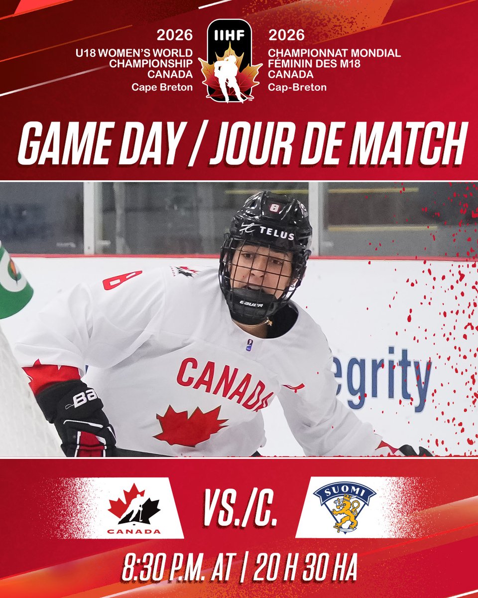 GAME DAY! A quarterfinal faceoff against the Finns. 🇨🇦🇫🇮

JOUR DE MATCH! On amorce la ronde éliminatoire contre les Finlandaises. 🇨🇦🇫🇮

⏰ 8:30 p.m. AT / 20 h 30 HA 
📺 <a href="/TSN_Sports/">TSN</a> / <a href="/RDSca/">RDS</a>
📰 hc.hockey/U18WWCPreview0…
📰 hc.hockey/ApercuCMFM1801…
 
#U18WomensWorlds |