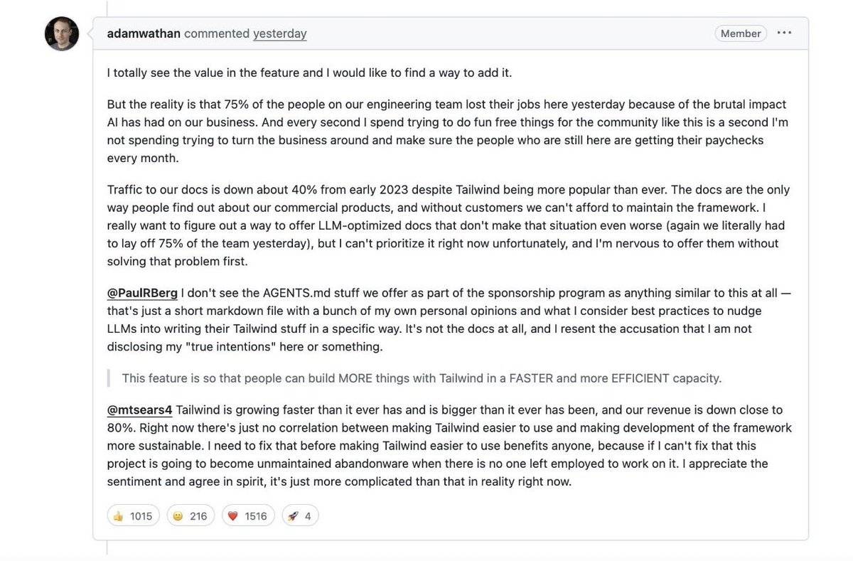 sirchamallow's tweet image. Message d'Adam Wathan, le créateur de #Tailwind. Il explique qu'il vient de se séparer de 75% de son équipe technique. La raison ?Tailwind n'a jamais été aussi populaire, mais son modèle économique est en train de s'effondrer à cause de l'IA ⤵️