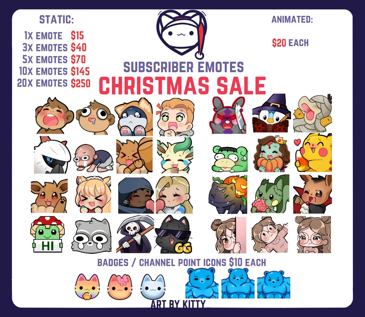 Good morning! This is the last day to order emotes or other goodies for your chat  from me with these prices! 

Tomorrow they will be going back to normal ♥️