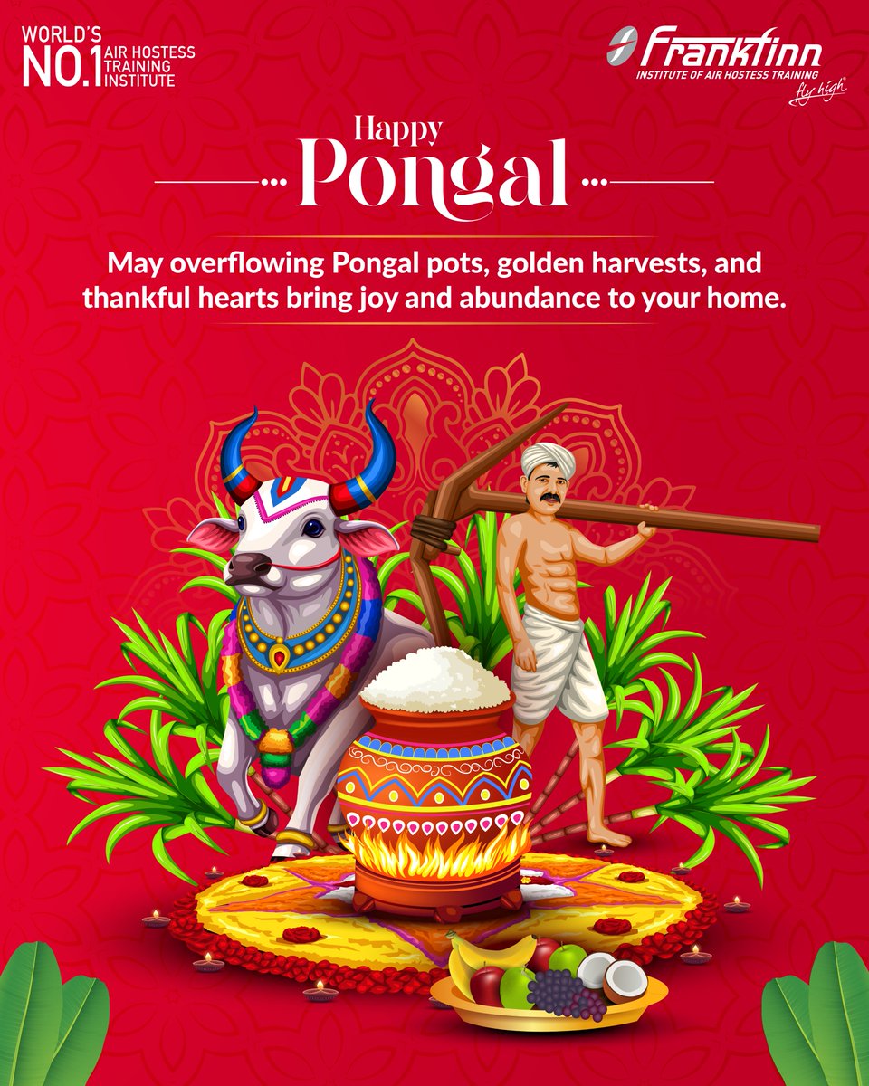 As the harvest festival of Pongal fills hearts with gratitude and joy, may this auspicious occasion bring prosperity, happiness, and success into your life.🌞🌾
✨ Frankfinn wishes you and your loved ones a joyful and abundant Pongal. ✨

#FlyHighWithFrankfinn #India #Pongal
