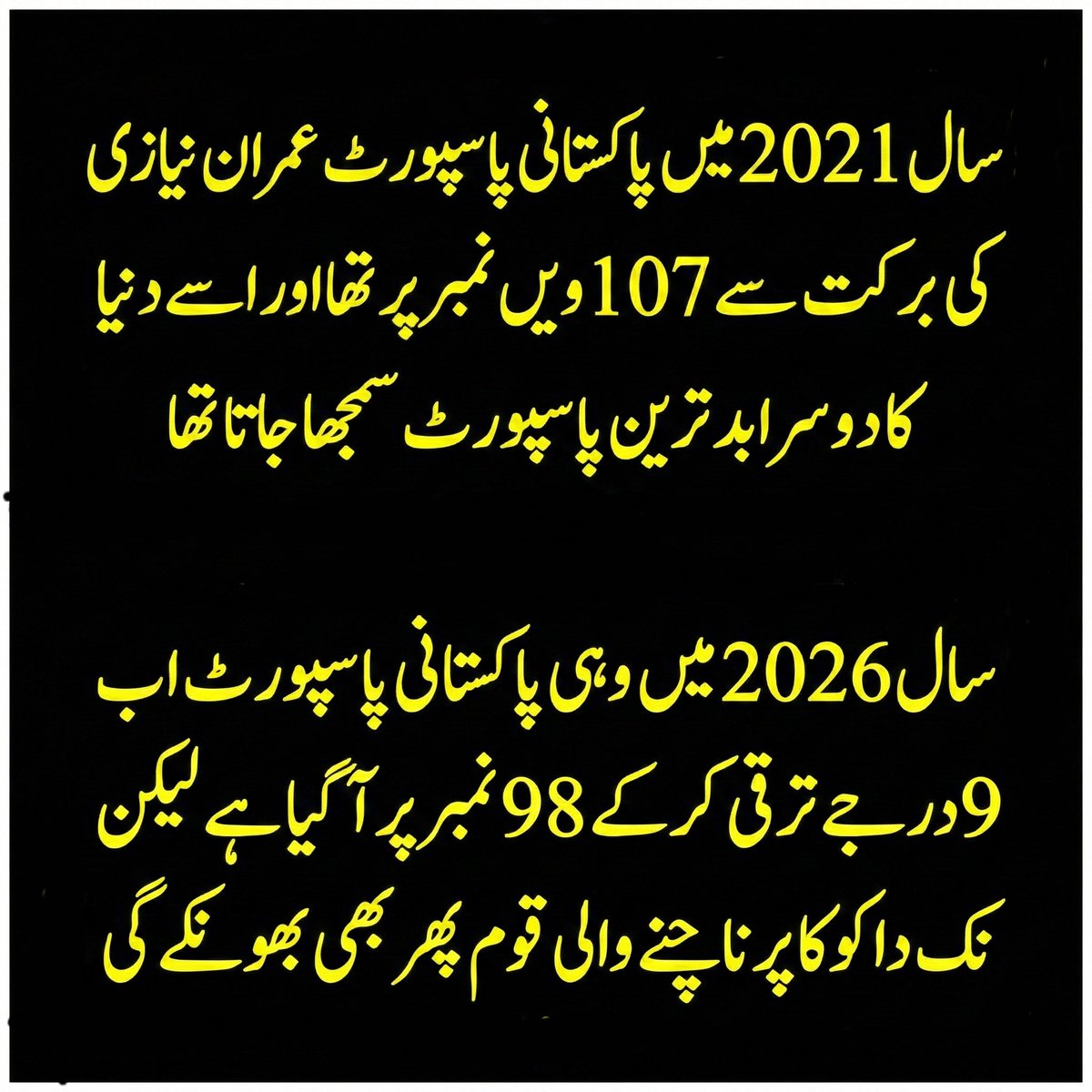 FarhanKVirk's tweet photo. سال 2017 میں پاکستانی پاسپورٹ کی عالمی رینکنگ 93 نمبر پر تھی۔

پھر عمران نیازی کا تبدیلی والا کیڑا آ گیا اور اگلے چار سال بعد پاکستانی پاسپورٹ کی رینکنگ 2021 میں 107 ہوگئی۔

آج وزیر اعظم شہباز شریف کی حکومت کو 3 سال بھی نہیں ہوئے اور پاسپورٹ واپس 98 نمبر آ گیا ہے۔

مبارک ہو! https://t.co/TMb5raya1S