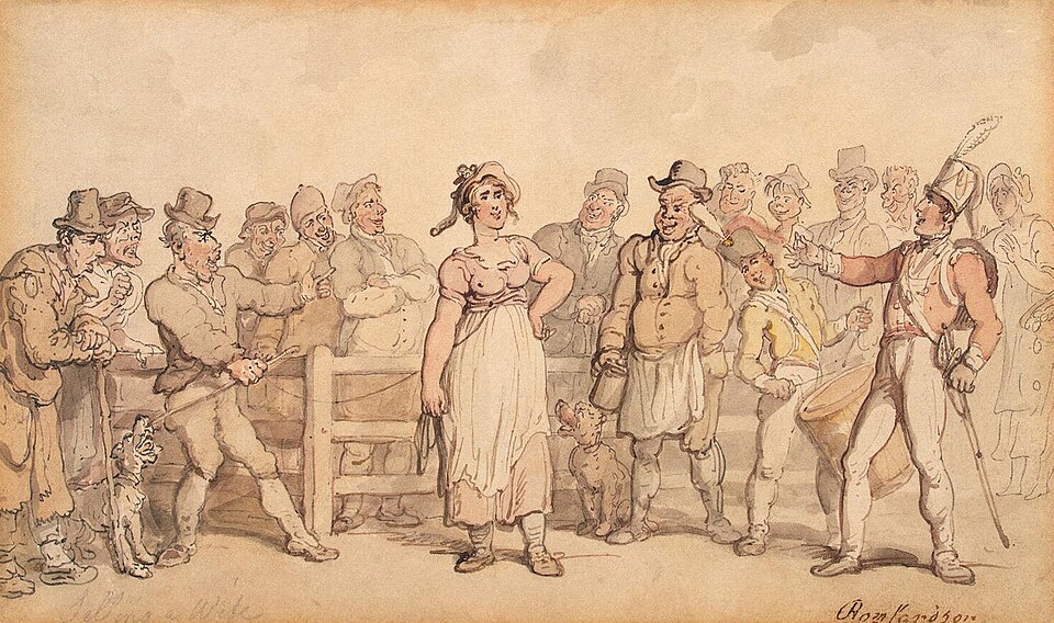 archeohistories's tweet photo. English men once sold their wives instead of getting divorced ... 

Wife selling in England was a way of ending an unsatisfactory marriage that probably began at the end of 17th Century, when divorce was a practical impossibility for all but the very wealthiest. There were roughly as many wife sales as there were divorces by the Act of Parliament in 18th-19th Centuries.

The practice, though never legally recognized, followed a ritualized public form, often conducted in a marketplace or inn, with the wife led by a halter and "sold" to a new partner, thereby effecting a de facto, if not de jure, separation. Wife selling provides the backdrop for Thomas Hardy's 1886 novel The Mayor of Casterbridge, in which the central character sells his wife at the beginning of the story, an act that haunts him for the rest of his life, and ultimately destroys him.

Although the custom had no basis in law and frequently resulted in prosecution, particularly from the mid-19th century onwards, the attitude of the authorities was equivocal. At least one early 19th-century magistrate is on record as stating that he did not believe he had the right to prevent wife sales, and there were cases of local Poor Law Commissioners forcing husbands to sell their wives, rather than having to maintain the family in workhouses.

Wife selling persisted in England in some form until early 20th Century according to the jurist and historian James Bryce, writing in 1901, wife sales were still occasionally taking place during his time. In one of the last reported instances of a wife sale in England, a woman giving evidence in a Leeds police court in 1913 claimed that she had been sold to one of her husband's workmates for £1.

"George Wray tied a halter around his wife’s waist and headed to the nearest market. He wasn’t there to buy anything—he was there to sell his wife. Onlookers shouted as he auctioned her off to the highest bidder, William Harwood. After Harwood turned over a single shilling to Wray, he put his arm around his purchase. “Harwood walked off arm in arm with his smiling bargain,”reported an onlooker, “with as much coolness as if he had purchased a new coat or hat.” It was 1847, and Wray had just gotten the equivalent of a divorce."

Historians disagree on when or how the custom started and how widespread it was, but it seems to have been an accepted alternative divorce among lower-class Britons. Wife sales were crude and funny, but they also served a very real purpose since it was so hard to get a divorce. According to some scholars, Wife selling in its "ritual form" appears to be an "invented custom" that originated at about the end of 17th Century, although there is an account from 1302 of someone who "granted his wife by deed to another man". The practice was common enough in the 17th Century for English philosopher John Locke to write (apparently as a joke) in a letter to French scientist Nicolas Toinard [fr] that "Among other things I have ordered you a beautiful girl to be your wife ... If you do not like her after you have experimented with her for a while you can sell her and I think at a better price than a man received for his wife last week in London where he sold her for four sous a pound; I think yours will bring 5 or 6s per pound because she is beautiful, young, and very tender and will fetch a good price in her condition." With the rise in popularity of newspapers, reports of practice become more frequent in second half of 18th Century. In words of 20th Century writer Courtney Kenny, the ritual was "a custom rooted sufficiently deeply to show that it was of no recent origin". Writing in 1901 on subject of wife selling, James Bryce stated that there was "no trace at all in our [English] law of any such right",  but he also observed that "everybody has heard of the odd habit of selling a wife, which still occasionally recurs among humbler classes in England".

📷 : Selling a Wife (1812–1814), by Thomas Rowlandson 

#archaeohistories