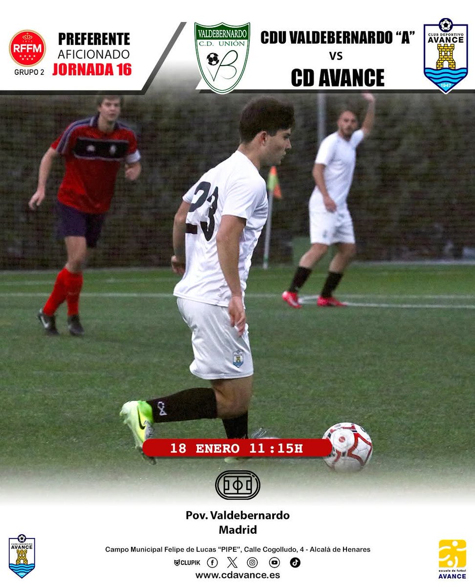 cdavance's tweet image. CD Unión Valdebernardo vs CD Avance
⚽️ Preferente Aficionado - Grupo 2
Jornada 1️⃣6️⃣
📆 18 de enero
🕕 11:15h
🏟 Pov. Valdebernardo
@UnionVB
@RFFM_oficial
#somosdelavance