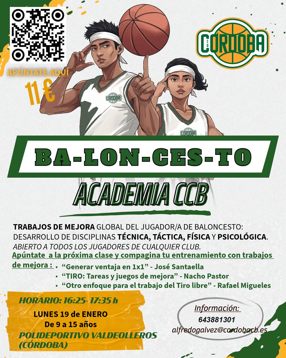 ¡Nueva sesión de #AcademiaCCB! 🏀

Para jugadores y jugadoras de 9 a 15 años, una oportunidad para mejorar técnica, toma de decisiones y fundamentos, junto a entrenadores especializados.

📅 Lunes 19 de enero
⏰ 16:25 – 17:35 h
📍 Valdeolleros

Contenido de la sesión:
✅“Generar