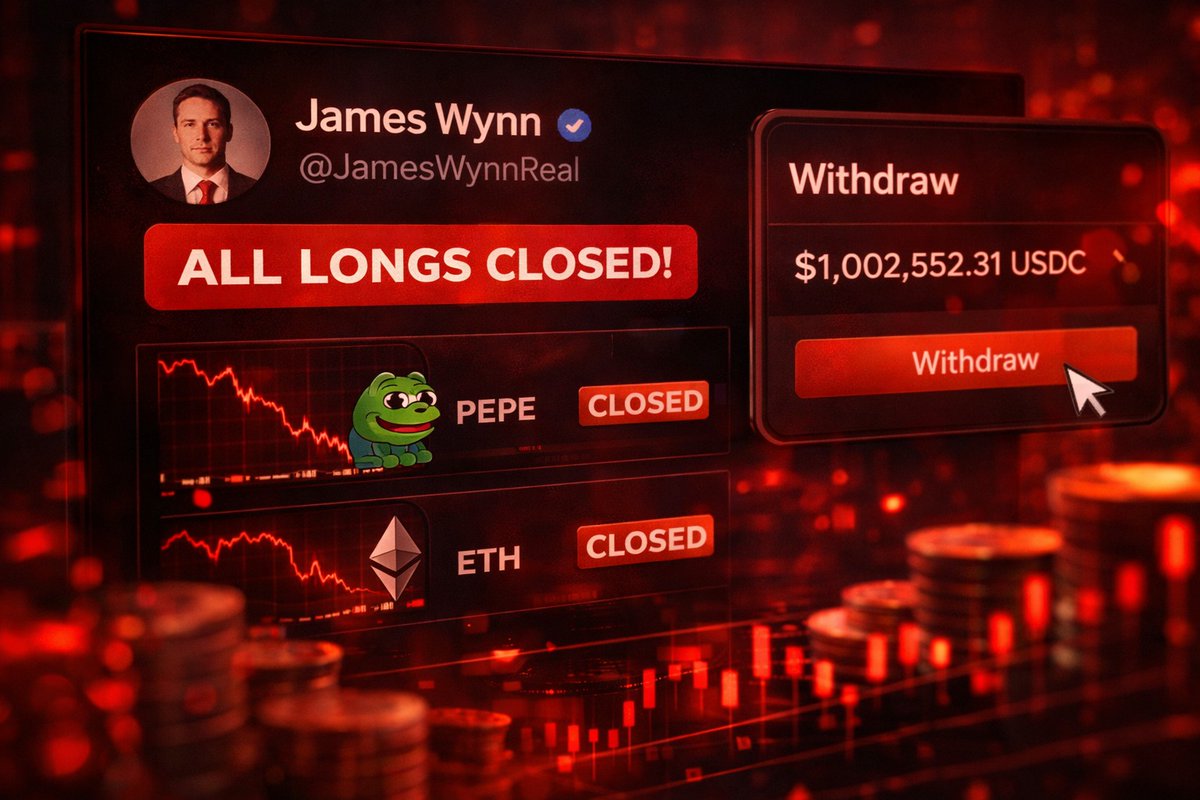 JAMES WYNN CLOSES ALL $PEPE AND $ETH LONGS ON HYPERLIQUID James Wynn has  fully exited his $PEPE and $ETH long positions on Hyperliquid and withdrawn  most of his funds from the platform.