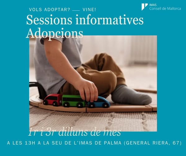 💭 Estàs pensant en adoptar?

🗣️ Cada primer i tercer dilluns de mes hi ha sessió informativa d'Adopcions IMAS Mallorca.

🙌 Vine i t'explicarem tot el procés.

Propera sessió:
📆 19 de gener
🕐 13h
📍 Seu IMAS. General Riera, 67, Palma. 

👣 La primera passa d'un gran camí