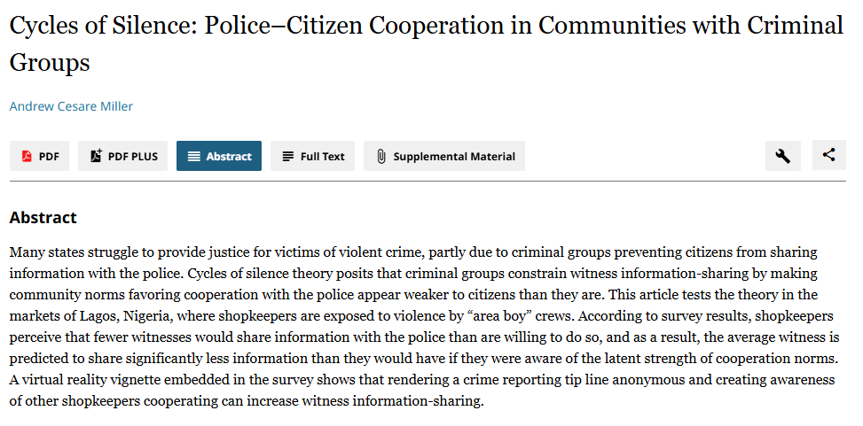 The_JOP's tweet photo. "Cycles of Silence: Police–Citizen Cooperation in Communities with Criminal Groups" by Andrew Cesare Miller. https://t.co/Kxl5ou1gGC https://t.co/UHYKTtBtI9