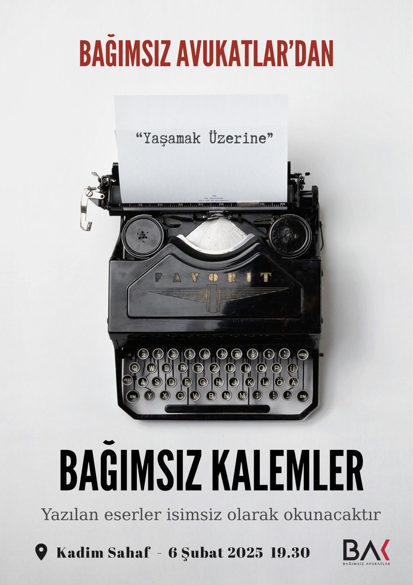 bak_avukat's tweet photo. Bağımsız Avukatlar'dan doğan yepyeni bir buluşmayla karşınızdayız: “Bağımsız Kalemler” 🔏

Hukukun içinde çalışan bizler için yazmak; savunmanın, ortaya çıkarmanın ve hakları korumanın vazgeçilmez bir aracıdır. Ancak bu buluşmayla kelimeleri bu sefer kendimiz için kullanacağız.

İlk etkinliğimizin teması “Yaşamak Üzerine” 

Katılım kontenjanı sınırlı olan bu buluşmada yer almak isteyen her meslektaşımızdan etkinlik öncesinde belirlenen tema üzerine birkaç sayfalık bir deneme kaleme almasını bekliyoruz. Yazılan metinler, etkinlik sırasında tamamen isimsiz şekilde okunacak olup anonimliği korumak adına eserlerin bilgisayar ortamında yazılarak etkinliğe A4 şeklinde getirilmesi gerekmektedir. ✨

İsimlerin geri çekildiği yerde metinler konuşur; yargı yerini dinlemeye, kaygı yerini paylaşmaya bırakır. Bağımsız Kalemler; görünen duvarının kelimelerle yıkıldığı, altından çıkanla beraberce yüzleşmenin buluşmasıdır.

Yaşamaya belki de başka bir yerden bakmamızı sağlayabilecek etkinliğimize yaşamaya dair bildiklerini bir akşamlığına askıya almayı göze alan tüm meslektaşlarımız davetlidir.

🔗 Katılım formu: https://t.co/5zGNY3L3I7

🗓️ 6 Şubat 2025
⏰️ 19.30
📍 Kadim Sahaf, Üsküdar