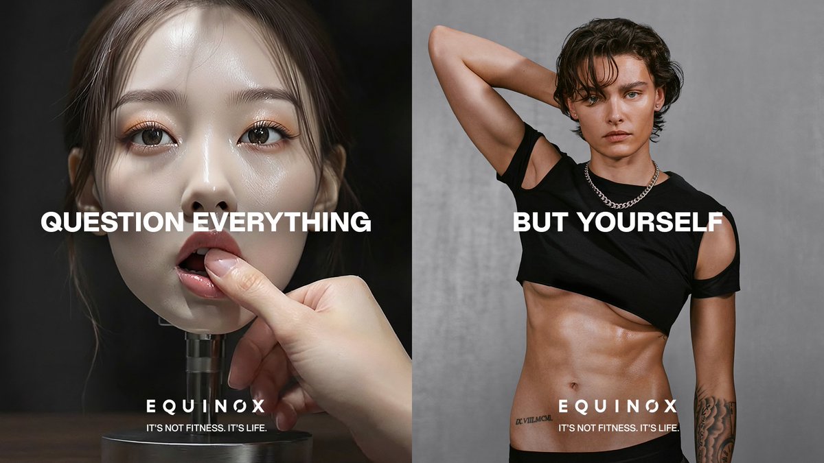 krishmenon's tweet photo. Last week, we officially launched new work with @Equinox. 

I want to share a bit of the thinking behind it -- because this campaign didn’t start with a line, a film, or even AI. It started with a cultural observation that felt increasingly impossible to ignore.

We are entering a moment where “fakeness” is no longer an exception -- it’s infrastructure.

AI, yes. But also filters, catfishing, performance wellness, curated identity, algorithmic selfhood. Entire systems now exist to help people look healthier, happier, more successful, more confident than they actually are.

Fakeness has become extensible.

You can apply it to your face, your body, your voice, your relationships, your beliefs. You can manufacture proximity, belonging, even conviction.

So the real strategic question wasn’t “how do we comment on AI?”

It was this:

In a world where almost everything can be optimized, edited, simulated, or faked -- what is still unquestionably real?

The answer we kept coming back to was the body.

The body does not care what you claim.
It reflects what you do.
It records effort, stress, discipline, avoidance, resilience.
It is the last remaining ledger that cannot be photoshopped at scale.

That insight became the foundation of this campaign.

“Question Everything” isn’t an anti-technology message.
It’s not nostalgia.
And it’s not provocation for provocation’s sake.

It’s a positioning move.

A deliberate contrast between a synthetic culture and a physical truth.
Between appearance and earned reality.
Between the stories we tell and the work we do.

The launch film is intentionally confrontational because the idea itself is confrontational. It asks people to sit with an uncomfortable possibility: that in a world of infinite signals, your body may be the only source that doesn’t lie to you.

What made this work possible is the bravery of the client.

It takes real conviction for a brand -- especially one with the scale and visibility of Equinox -- to resist the urge to soften the edges, over-explain the message, or turn a cultural insight into a slogan.

Instead, they chose to treat this as a long-term platform, not a one-off moment.

This launch is a stake in the ground. What follows is a year of pulses -- across culture, identity, dating, fashion, belief -- continuing to test this idea in different arenas where fakeness shows up wearing new costumes.

That’s the work we love doing at Angry Gods®.

Not chasing relevance.
Not decorating trends.
But helping brands take a clear, opinionated position in moments where culture feels unstable -- and trusting the audience to meet them there.