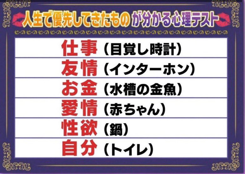 minami71281's tweet image. 「人生で優先しているもの」が分かる心理テスト
みんなどれだった？