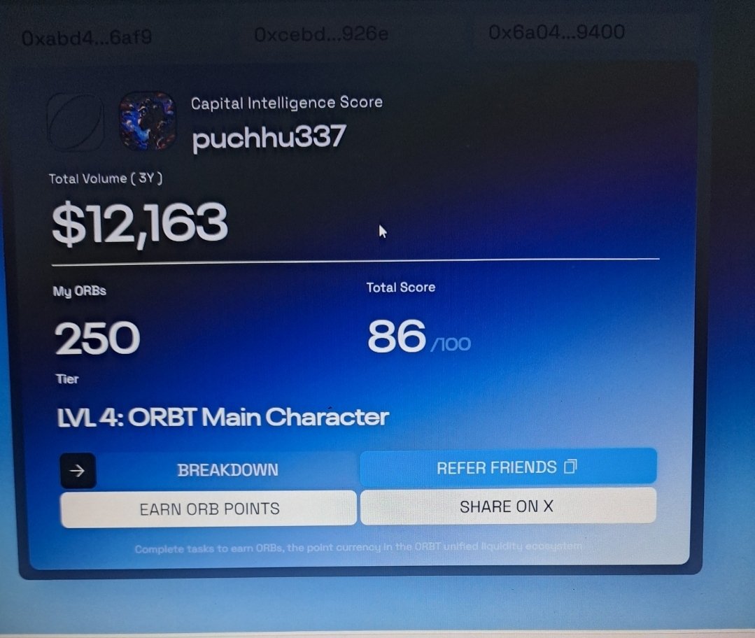 I analyzed my on-chain history and scored my strategy with <a href="/ORBT_Protocol/">ORBT</a>'s capital intelligence score.

Here's my result:
• Score: 86
• Tier: LVL 4: ORBT Main Character
• Rewarded with 250 ORBs for the journey.

Check yours → defi.orbt.xyz/?referral_code…