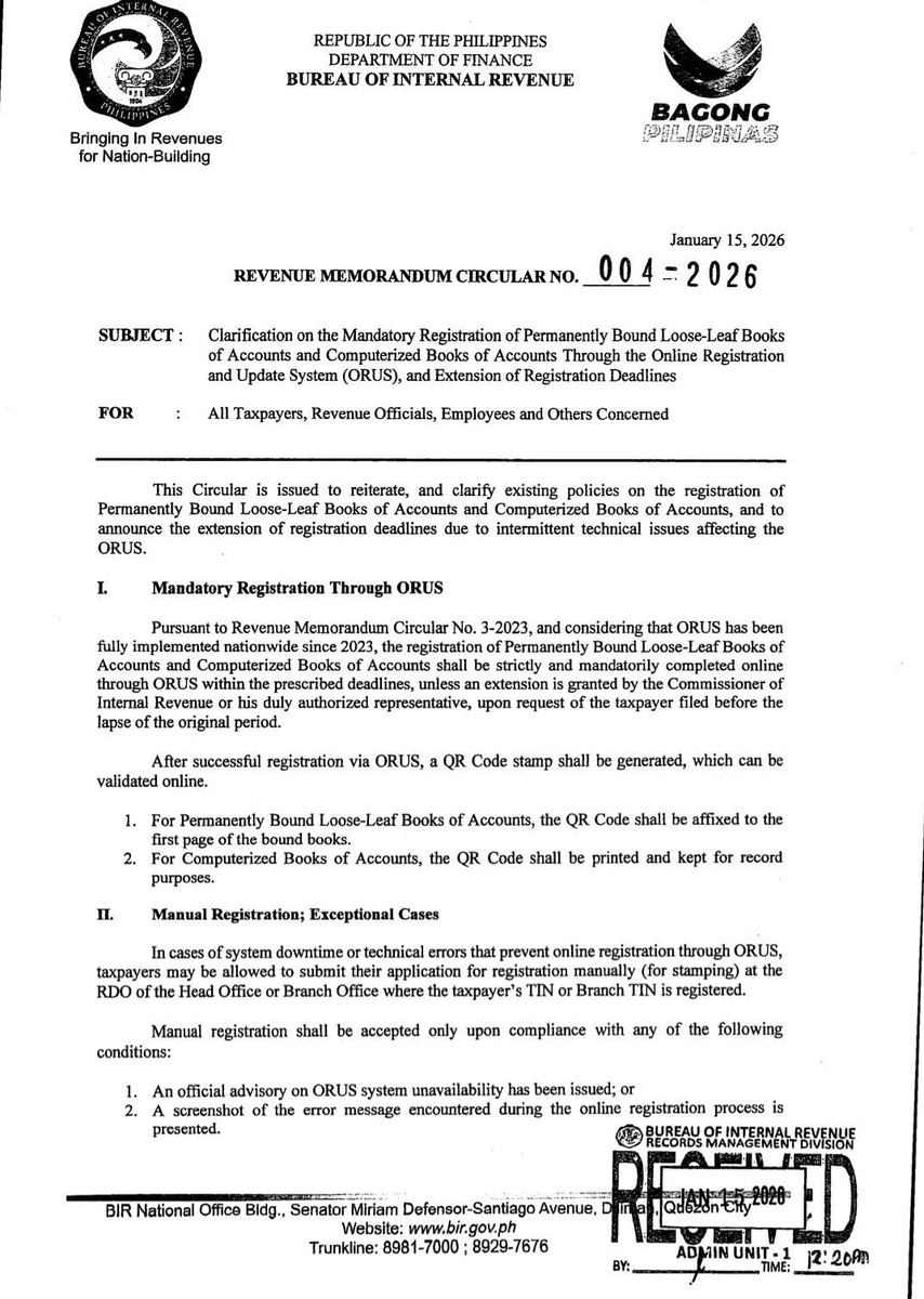 MarkGrabilloCPA's tweet photo. 𝐓𝐀𝐗 𝐀𝐋𝐄𝐑𝐓!⁣⁣
⁣⁣
BIR issued 𝐑𝐞𝐯𝐞𝐧𝐮𝐞 𝐌𝐞𝐦𝐨𝐫𝐚𝐧𝐝𝐮𝐦 𝐂𝐢𝐫𝐜𝐮𝐥𝐚𝐫 (𝐑𝐌𝐂) 𝐍𝐨. 𝟒-𝟐𝟎𝟐𝟔, which clarifies the mandatory registration of Permanently Bound Loose Leaf books and Computerized books through ORUS.⁣
#TaxAlert #MAGCPAAlert #TaxCompliance https://t.co/SBop9I4J9u