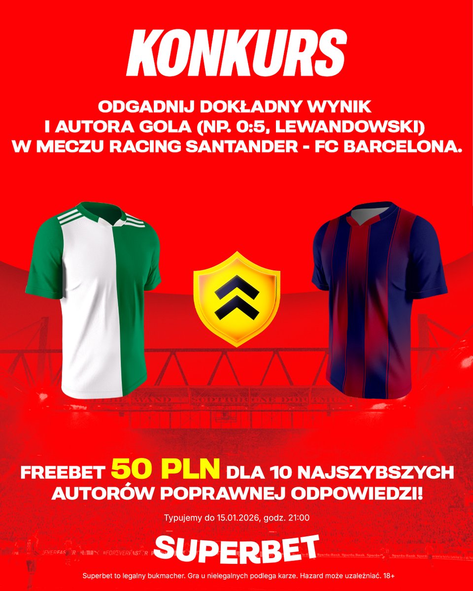 SuperbetPL's tweet image. #KONKURS! Wytypuj w odpowiedziach dokładny wynik oraz autora gola ⚽️ w meczu Racing Santander - FC Barcelona i zgarnij freebet! #LaZabawa

-- 
✅ Zaobserwuj @SuperbetPL
❤️ Polub wpis i 🔄 podaj go dalej 
👤 Dodaj nick z Superbet 
🎁 Nagroda = FREEBET 50 PLN
Regulamin:…