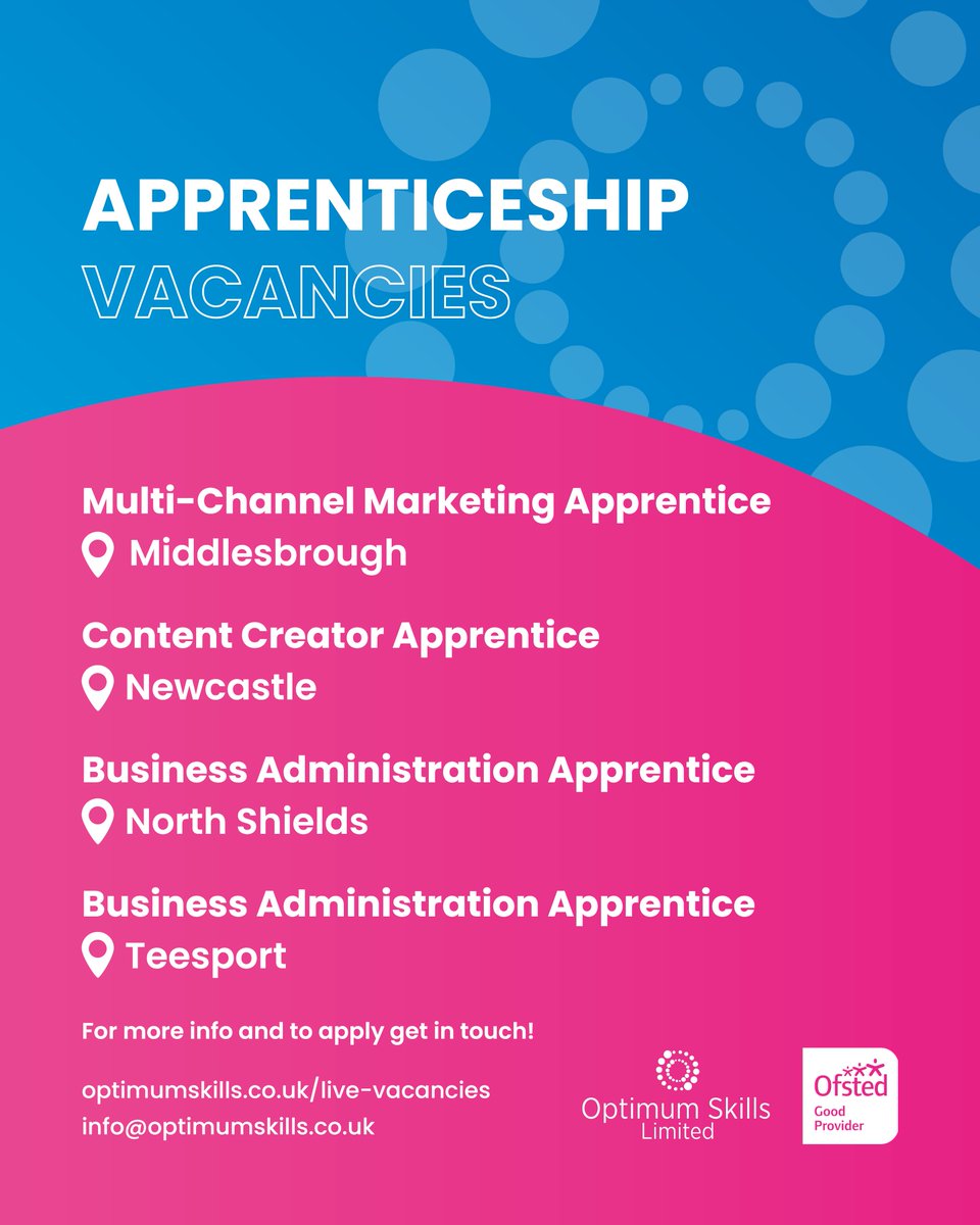 We've got some great opportunities with employers across the North East, ready for you to kickstart your career! ⭐
optimumskills.co.uk/live-vacancies…

#Apprenticeships #Careers #Vacancies #NorthEastEngland

<a href="/JCPinNTW/">JCP in NTW</a>