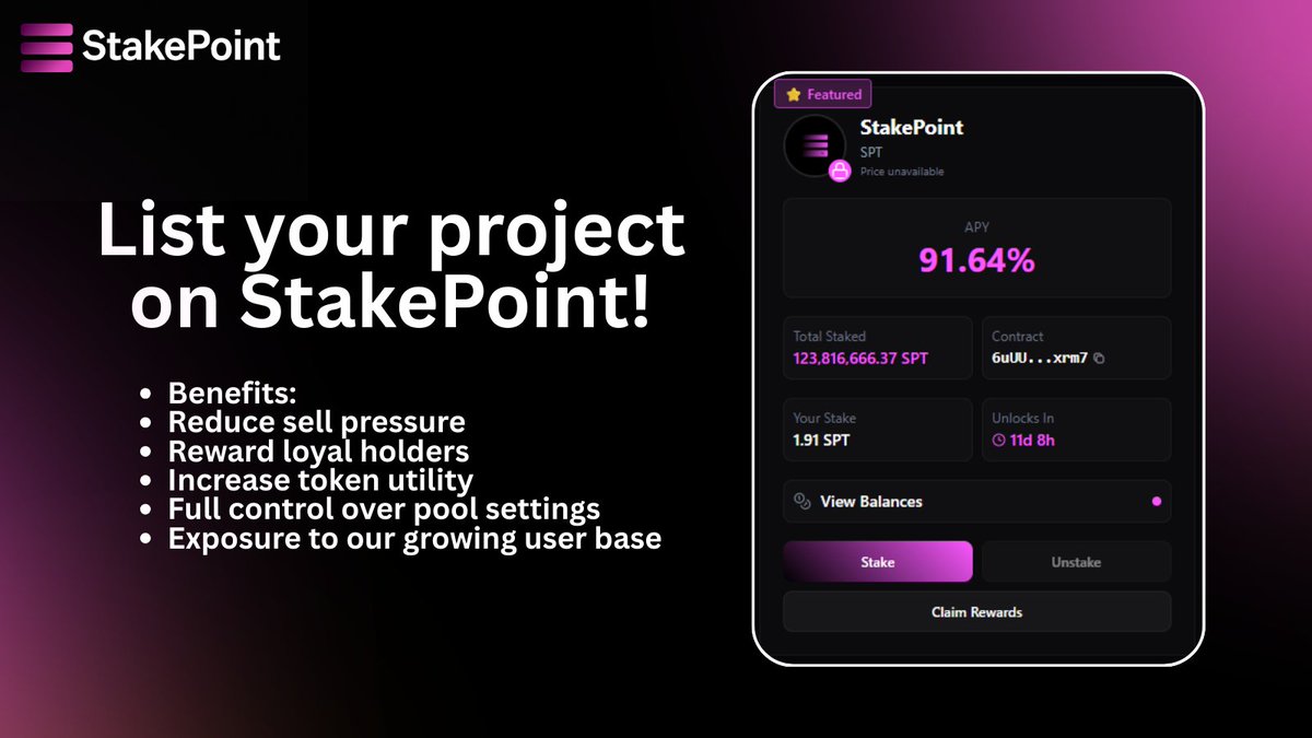 StakePoint - Solana Staking Made Simple!

StakePoint is a comprehensive Solana staking platform offering flexible staking pools for SPL and Token-2022 tokens, Jupiter-powered swaps with trader leaderboards, and token/liquidity lockers for project launches.

Built for both users