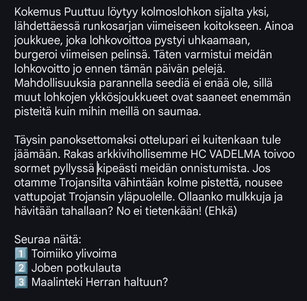 Runkosarja pakettiin. Annetaas vihulle huikulia!

Tänään klo 21:00 

VS Trojans

Linari:
Jobe-Jakke-Nikke
Kaapo-Fidel
Jurkka

ECL:n kokemattominta veteraanikiekkoa👇
twitch.tv/Kaapo13

#HyväMeininki #ECL26Winter #nhl26
<a href="/SportsGamerGG/">SportsGamer</a>