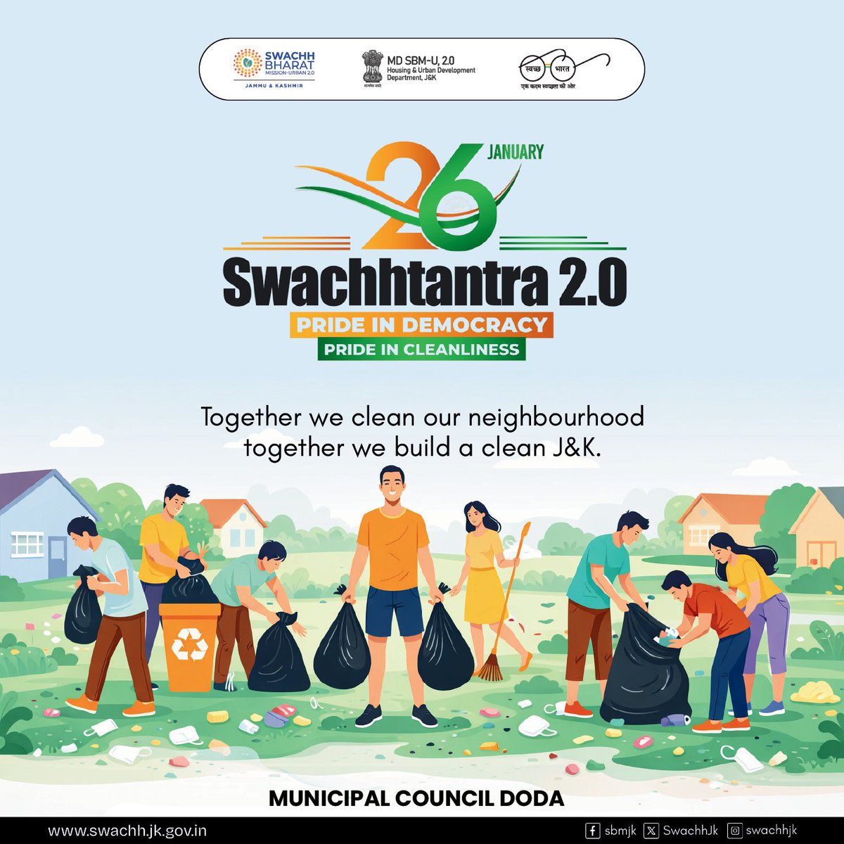 CouncilDoda's tweet photo. United under Swachhtantra 2.0, we pledge this Republic Day to keep J&K clean, honoring our heritage through awareness, action & shared civic pride together always.
#MoHUA
#SbmUrban
#SwachhSurvekshan2025
#Swachhjk
#Swachhtantra2.0
#CleanRepublicDay
#SegregateAtSource https://t.co/yoPuFkXW3i