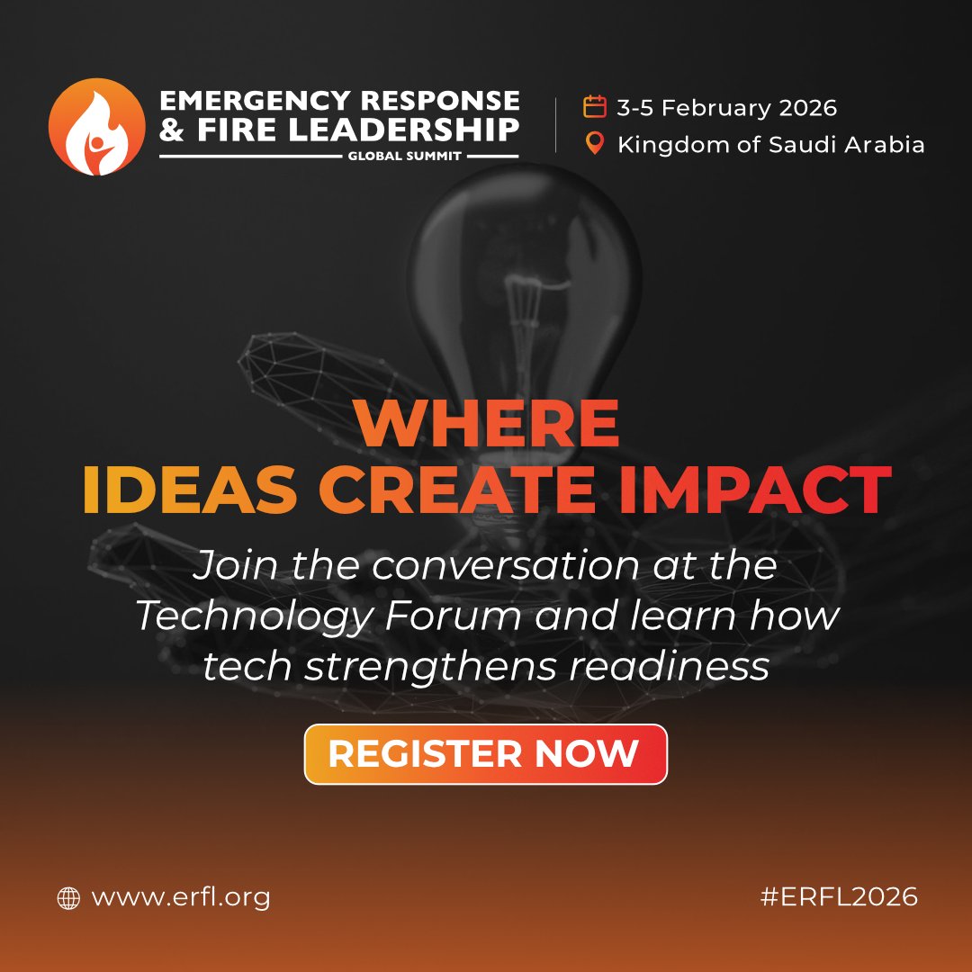 erfl_global's tweet photo. Where ideas create impact.

Registration is now open for #ERFL2026.

Be part of the Technology Forum and explore how innovation, digital tools, and smart solutions are strengthening readiness across emergency response and fire services.

📍 Kingdom of Saudi Arabia
🗓 3–5 February 2026

Register now and take part in conversations that turn ideas into real-world impact.

#ERFL #TechnologyForum #EmergencyResponse #FireLeadership #NexusGroup #NexusEvents