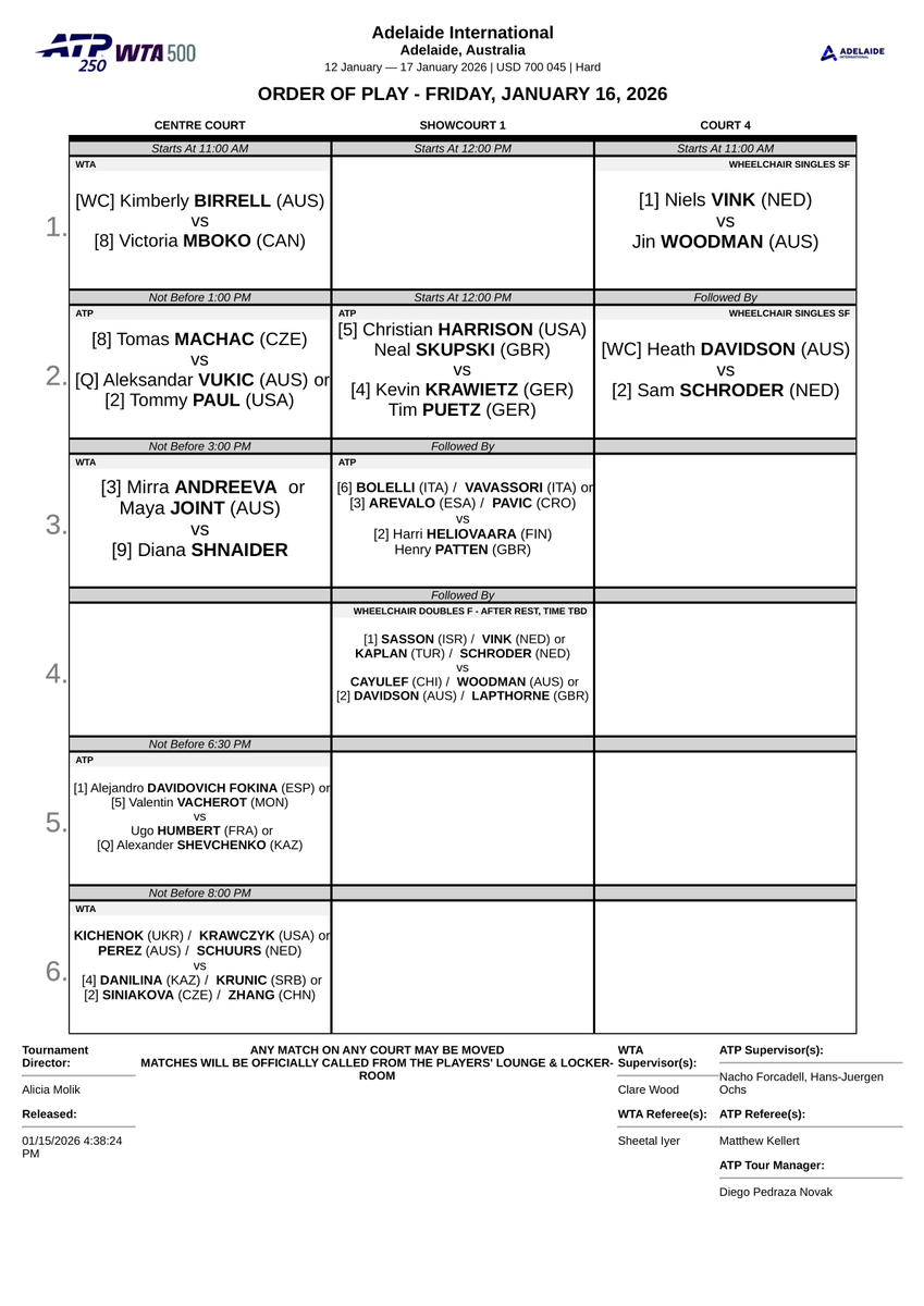 WTA 500 / ATP 250 Adelaide International OOP (Order of Play), Friday,  January 16, 2026