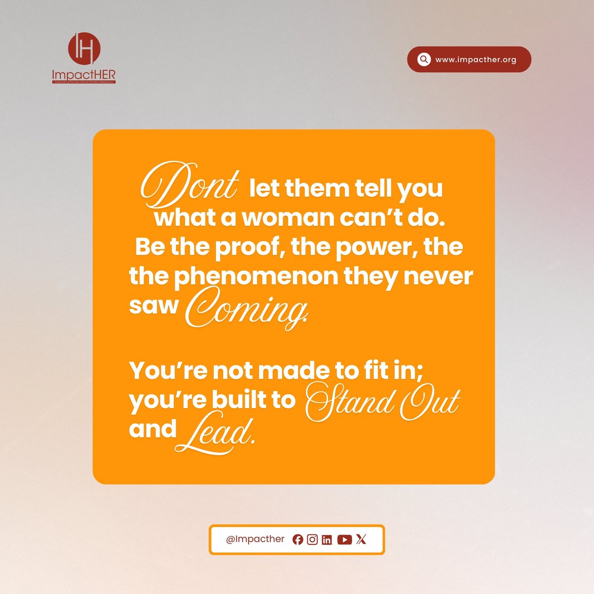ImpactHERAfrica's tweet photo. Greatness! Don’t shrink. Don’t blend in.
You were built to lead, rise, and stand out. 

#ImpactHER #WomenInLeadership #SheLeads #AfricanWomen #BoldWomen https://t.co/1DiwyC2qfw