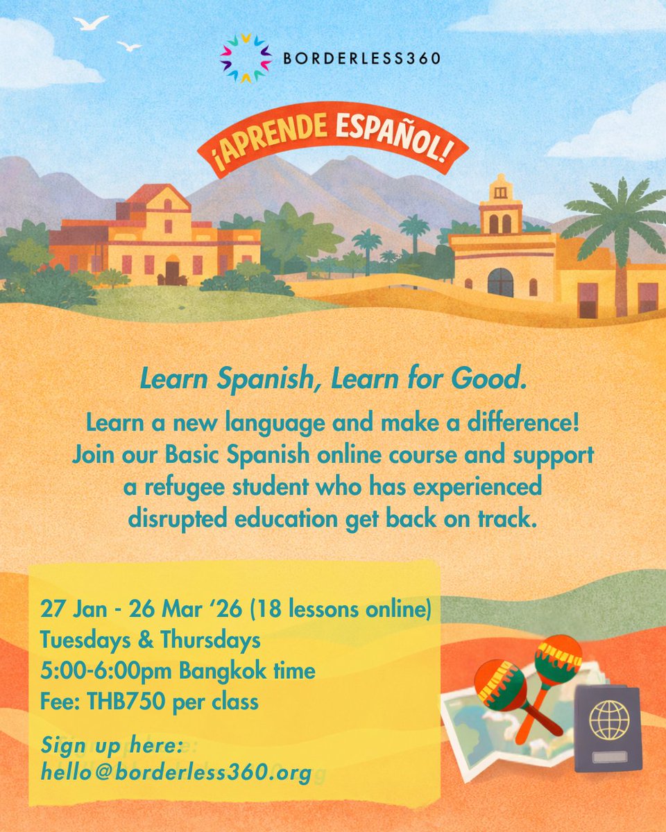 borderless360's tweet photo. Learn Spanish. Learn for Good.
Our online Basic Spanish course is open to online learners everywhere.

100% of profits support refugee education, helping young refugees continue their learning journey.

📩 Details in poster | DM us to join or email hello@borderless360.org. https://t.co/UssFWhnB5E