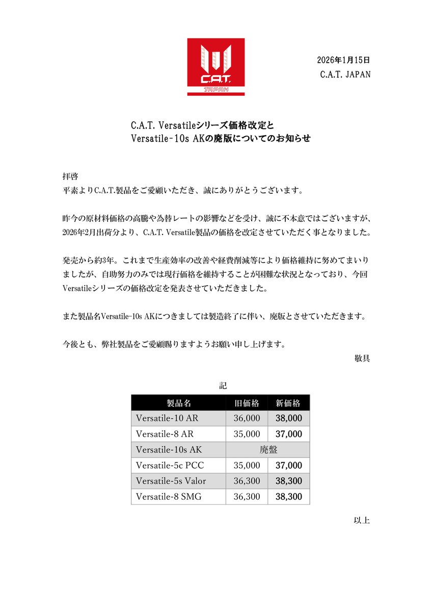 C.A.T. Versatileシリーズ価格改定とVersatile-10s AKの廃版についての
