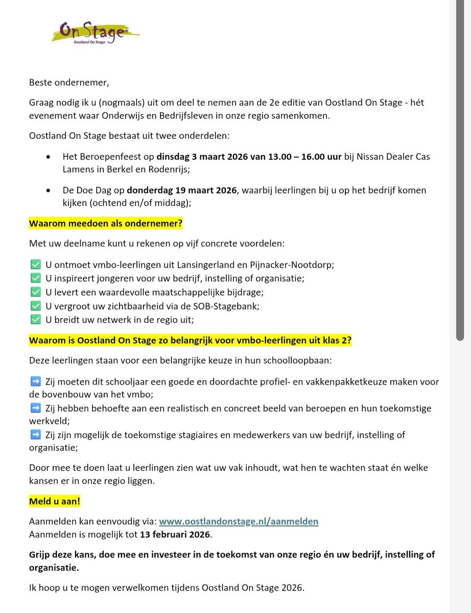 Heeft uw bedrijf, instelling of organisatie zich al aangemeld?

Aanmelden voor dit fantastische 'event' kan tot vrijdag 13 februari 2026! Link om aan te melden: oostlandonstage.nl/aanmelden.