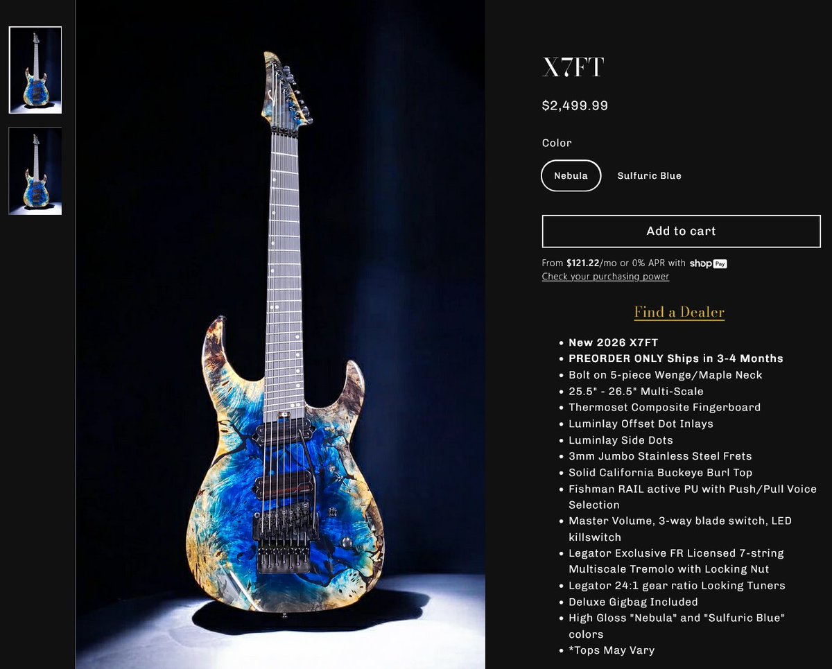 Legatorのもう1つの新製品が凄くてマルチスケール用のロック式トレモロを搭載したNinja Xシリーズの6弦と7弦！
ロックナットもマルチスケールに対応した物になっていて6、7弦ともに25.5～26.5インチ仕様。お値段6弦が2,399.99ドル、7弦が2,499.99ドル
legatorguitars.com/collections/6-…
legatorguitars.com/collections/ni…
