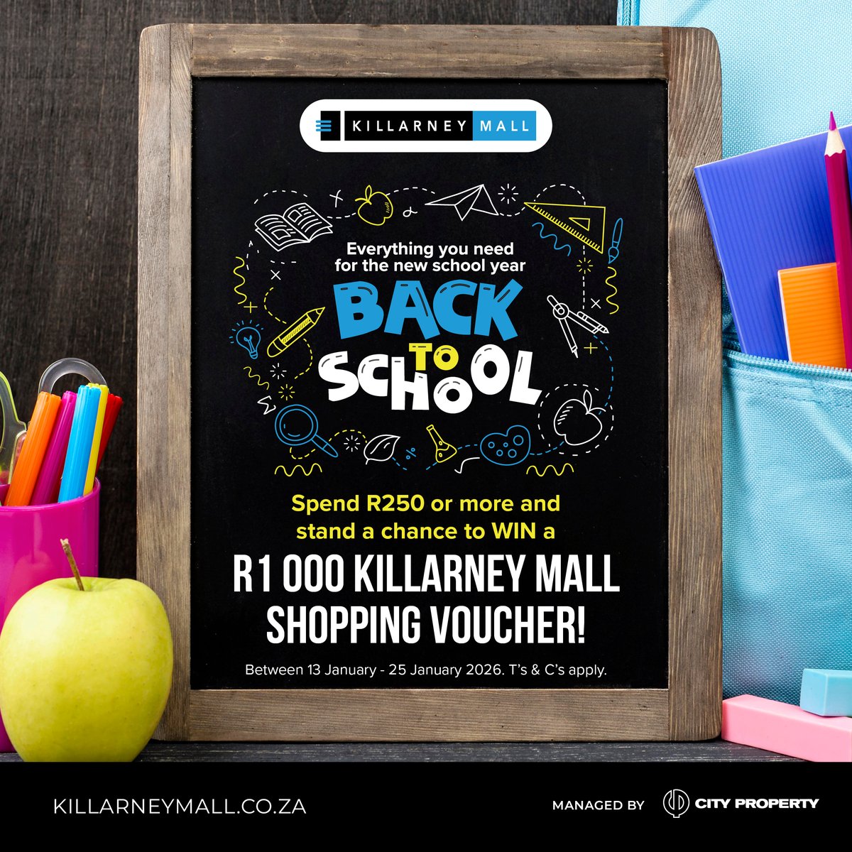 ✏️📚 Back to school just got rewarding!
Spend R250 or more at Killarney Mall and stand a chance to WIN a R1 000 Killarney Mall Shopping Voucher.
🗓️ 13–25 January 2026
T’s &amp; C’s apply.
#KillarneyMallConvenientlyYours #BackToSchool #SpendAndWin