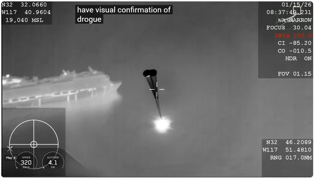 TimLillard's tweet photo. As Crew 11 returned tonight, I think this is Royal Princes in the background as the drogue chutes deploy on Crew Dragon Endeavour! @PrincessCruises @SpaceX https://t.co/yrf8ej57xy