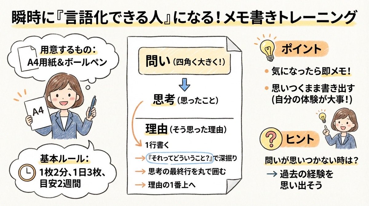 ・1日6分
・効果が出るまで2週間
・必要なのは紙とペンだけ

このトレーニングを続けるだけで、「 言いたいことが言えない病 」からおさらば！

わたしも半年続けましたが、効果てきめんでした。
