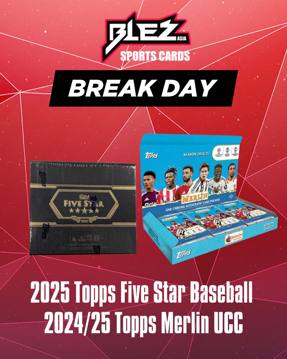 【🔥BLEZASIA Group Break🔥】
本日1/15 18時～配信中！

⚾ 2025 Topps Five Star Baseball 
⚽ 2024/25 Topps Merlin UCC
🏀 2025-26 Topps Chrome Basketball etc...

▼ご視聴はこちらから▼ 
youtube.com/watch?v=fCFab2…

▼ご参加はこちらから▼ blezasiabreak.com/category/buy-b…

(Release Day: 01/16🔔)