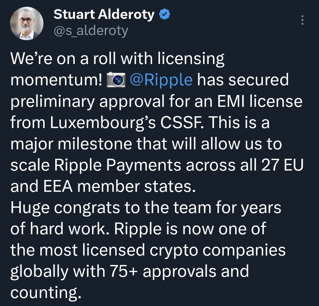 ChartNerdTA's tweet image. 📝 $XRP Ripple's Stuart Alderoty:

"The EMI licence allows Ripple to scale Ripple Payments across ALL 27 EU AND EEA member states and is now one the most licenced crypto company globally with 75+ approvals".

🇪🇺 The Golden Ticket 🇪🇺