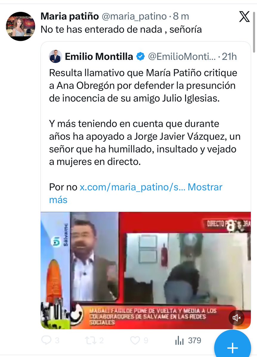 EmilioMontilla_'s tweet image. María Patiño me cita el tweet y automáticamente me bloquea para que no pueda contestarle.

Si sois tan amables, le decís a esta señora que ojalá hubiese sido tan feminista cuando trabajaba en Telecinco y se retransmitían violaciones en directo en Gran Hermano.