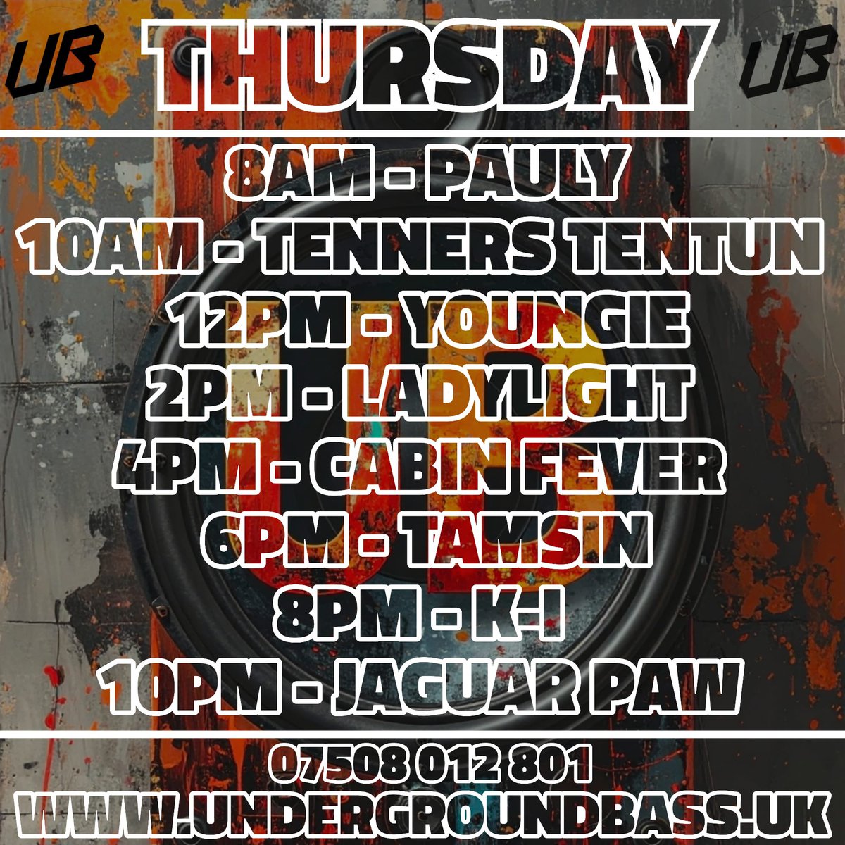 🔥 Thursdays selectors 🔥

Undergroundbass.uk
Stream - Chatroom - Merchandise 

📲 Studio Line 0750 8012801