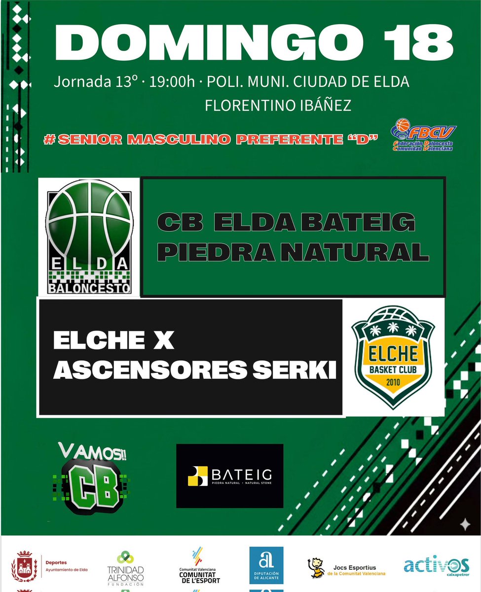 ▶️ 🟢⚫ Está semana otro doble  compromiso para, por fin, jugar en casa el domingo #VamosCB 💚🖤

🆚 <a href="/CNBAlcoi/">Nou Bàsquet Alcoi</a> y <a href="/elchebasketclub/">Elche Basket Club</a>

<a href="/ayto_elda/">Ayuntamiento de Elda</a>
<a href="/BateigStone/">Bateig Piedra Natural</a>
<a href="/FTA_CV/">Fun.Trinidad Alfonso</a>
<a href="/comunitatesport/">Comunitat de l'Esport</a>
<a href="/dipuAlicante/">Diputación de Alicante</a>
<a href="/caixapetrer/">Social Media</a>