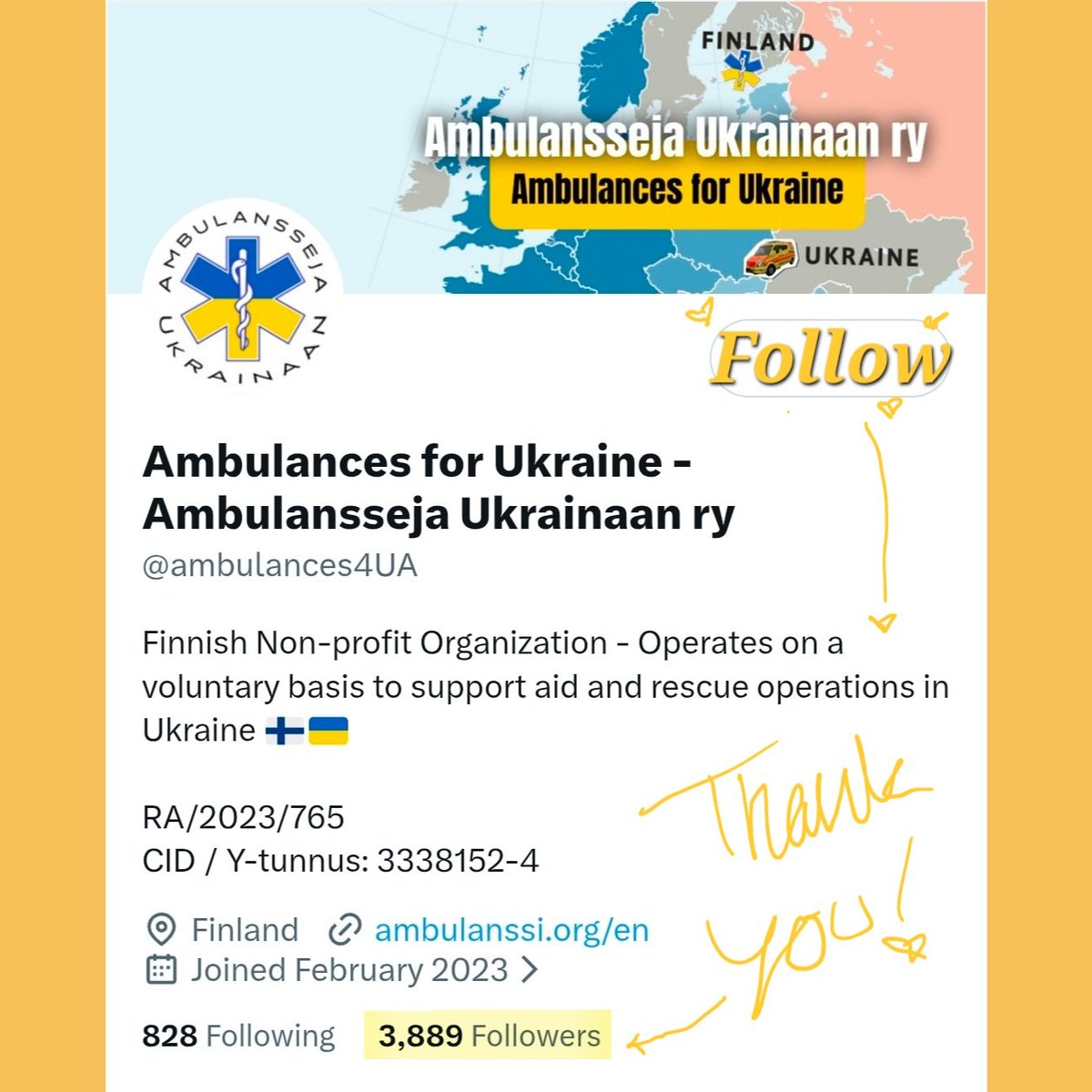 Want to help save lives in Ukraine? 

Join our ambulance family—hit Follow!

We’re at 3,889 followers. 
Huge thank you!

‼️ With your help, 
let’s reach 4,000 today 🚑💙💛