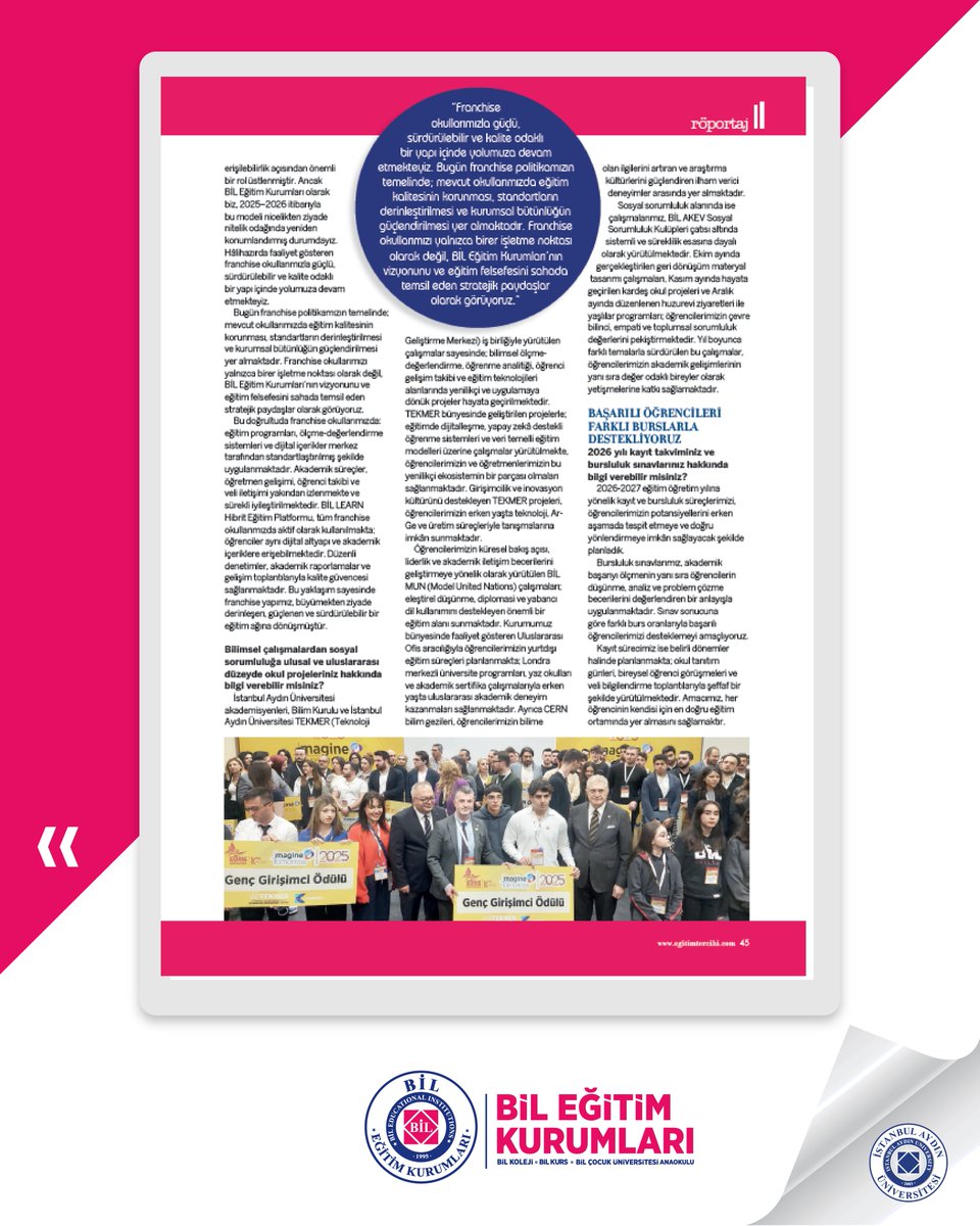 BİL’DE PEDAGOJİK PERSPEKTİF:
İnovasyon, Uluslararasılaşma ve Sosyal Duyarlılık!
BİL Eğitim Kurumları Eğitim Direktörü 
Ebru UNUTMAZER’in  Röportajı Artı Eğitim Dergisi Ocak 2026 Sayısında!

Okumak için👇🏻
egitimtercihi.com/uploads/pdf/AR…