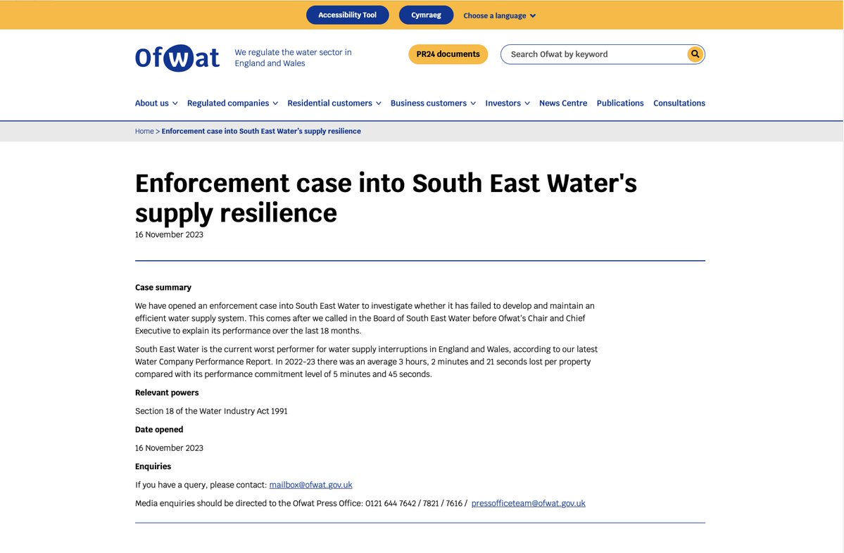 DON'T HOLD YOUR BREATH.

So Ofwat have launched an investigation into how South East Water treats its customers. Really?!

Would that be like the investigation they launched in Nov 2023 into "whether [SEW] has failed to develop and maintain an efficient water supply system".