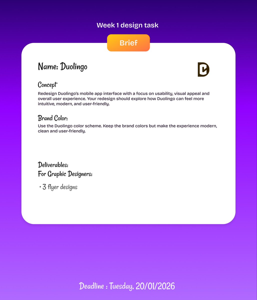 🚀 Our first design challenge of the year is officially live.

Time to lock in. 
Read the instructions carefully. 
Do the task, give it your best shot and may the best designer win 🏆