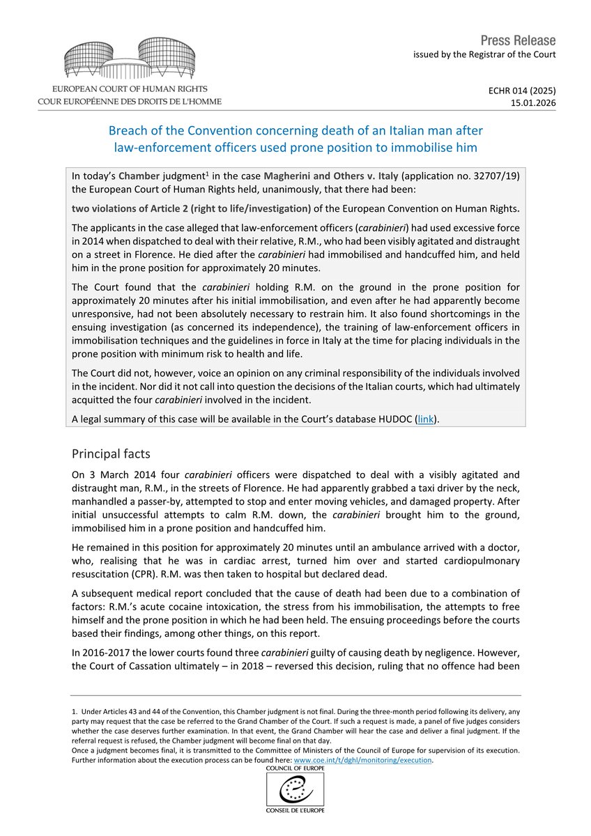 Judgment Magherini and Others v. Italy - death following law-enforcement officers using prone position immobilisation technique
hudoc.echr.coe.int/app/conversion…
#ECHR #CEDH #ECHRpress