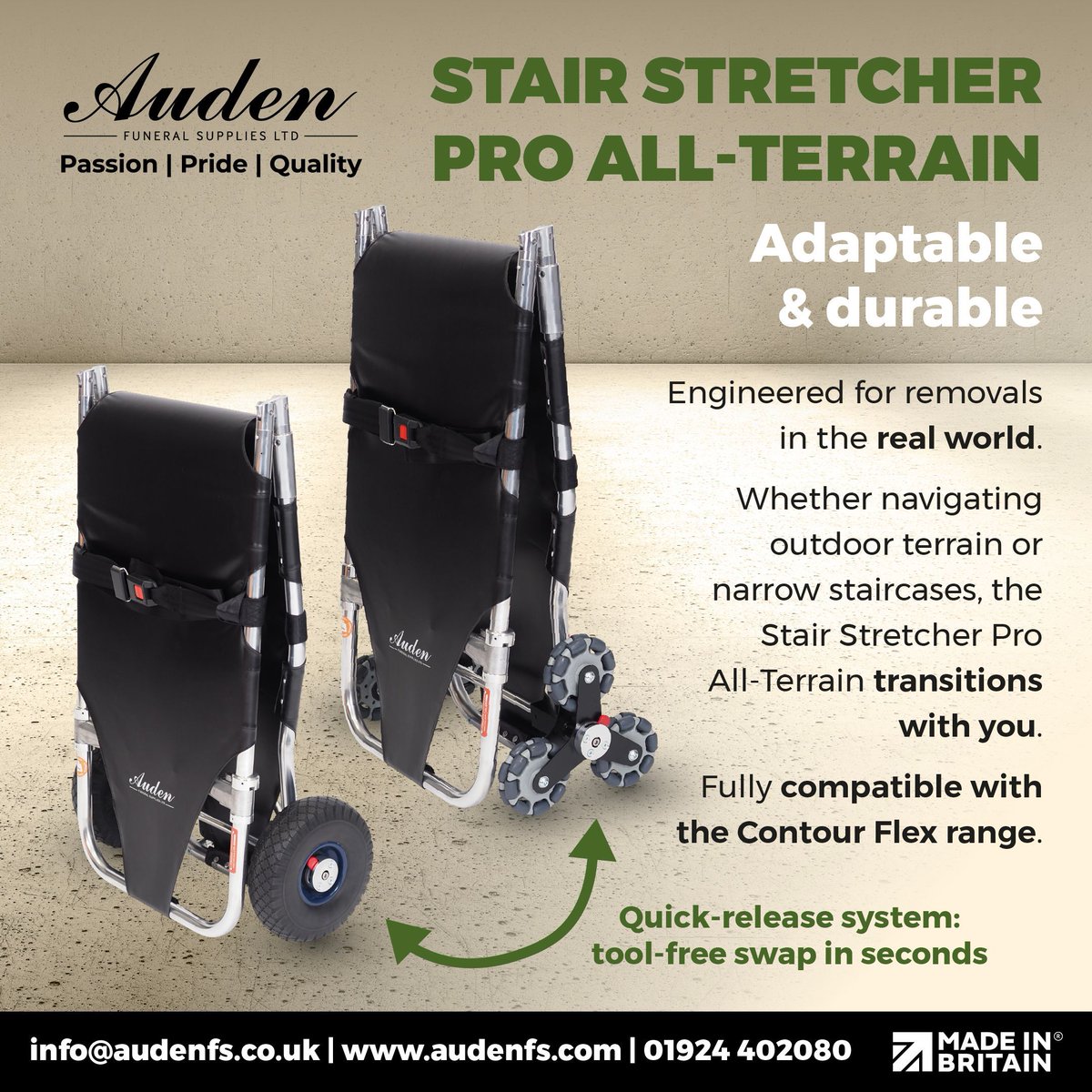 If you're navigating staircases or uneven outdoor terrain, this stretcher transitions with you - no fuss, no tools.

🔁 Quick-release wheels
🔗 Fully compatible with our Contour Flex range
💪 Built for removals in all environments

📞 01924 402080 | 💻 audenfs.com