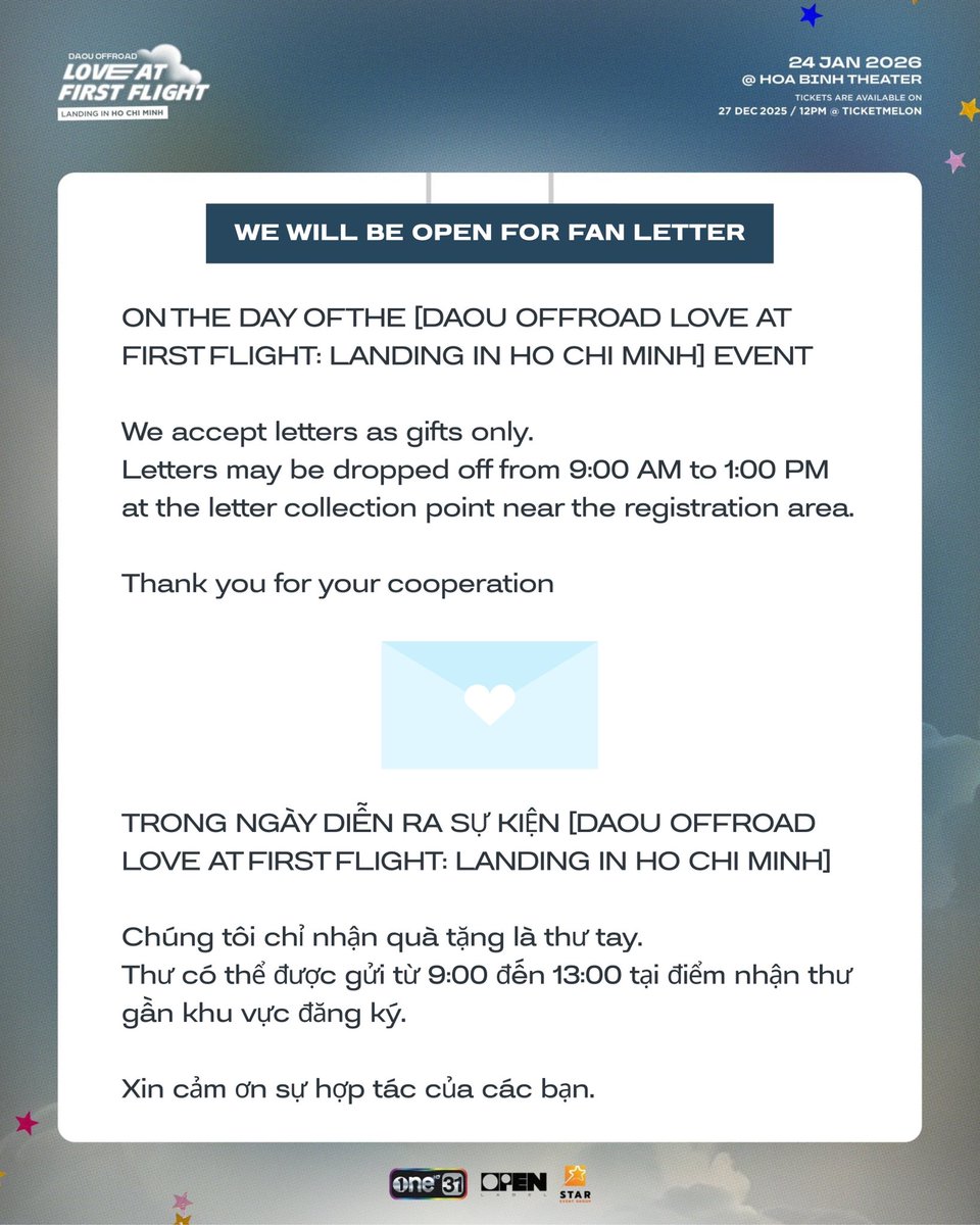 Starevent_group's tweet image. ✈️ DAOU OFFROAD LOVE AT FIRST FLIGHT LANDING IN HO CHI MINH 
|ANNOUCEMENT|

📅 24.01.2026
📍 Hoa Binh Theater, Ho Chi Minh City
🎫 Tickets still on sale at: ticketmelon.com/Open-Label/dao…

#DaouOffroadLoveAtFirstFlight
#DAOU #offroadKTP
#DaouOffroad
#OPENLABEL
#StareventGroup