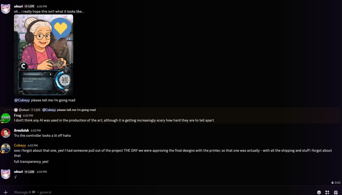 Hi all - 
I have pulled out from the Creator Cards project due to the use of GenAI art and music in the project. A fully AI card has been sent to print.

GenAI is against everything I stand for as a VTuber who loves artists.